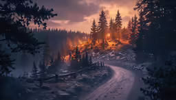 a winding road is surrounded by snowy trees at sunset