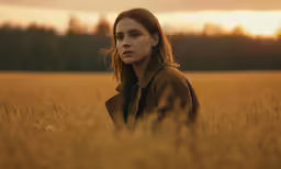 a woman standing in a large field at sunset