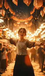 a young girl standing in front of lots of lights