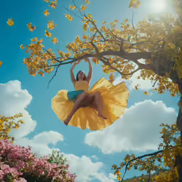 a woman is wearing yellow clothes with one leg stretched out in the air