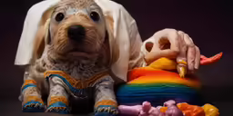 a dog that is standing near a stuffed animal