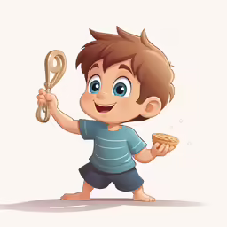the character is holding a metal rod and a piece of bread