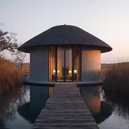 a couple of lamps near a body of water