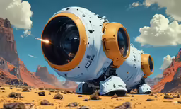 a sci - fim in a desert like area with mountains in the background
