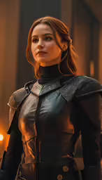 a woman in armor standing next to candles