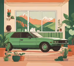 the car is parked in front of the window,a car sitting in the middle of a living room