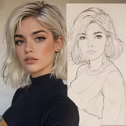 a lady in black poses next to drawing