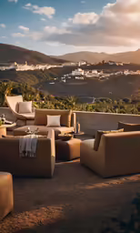 an outdoor lounge that is by the beach