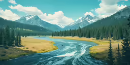 a river in the middle of some green hills