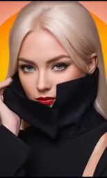 the blond woman wearing black is posing with her face obscured by her hand
