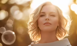 a blonde haired woman with light reflecting off her face