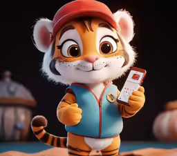 an animated cartoon tiger with a phone and a baseball cap on