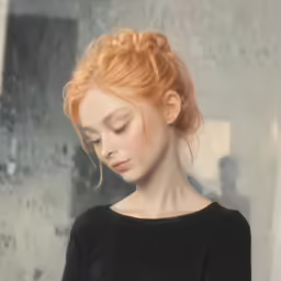 a woman with red hair is looking down
