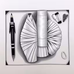a pen and some art supplies are laying out on the table,a drawing with pens and an eraser on the side