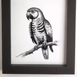 an ink drawing of a bird sits on a branch