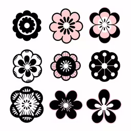 several different flowers, one black and pink,different flower designs on a white background