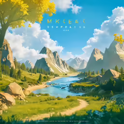 the painting is in color and it depicts mountains and trees
