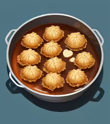 a close up of chinese moon cakes on a plate,a pan full of dim dim dumps on top of a blue surface