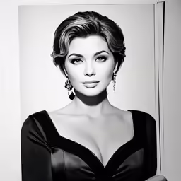 a black and white photograph of a woman in a gown