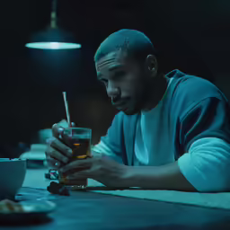 a man drinking some tea and looking down at his drink