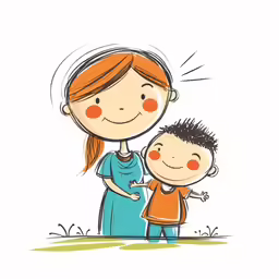 a little boy hugging his mother, which is a drawing of their face on the background