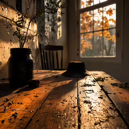 a wooden table that has some vases on it
