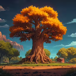 a giant tree sitting next to a house,a painting of a tree with many branches