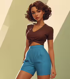 a digital drawing of a woman in brown shirt and turquoise shorts,the beautiful african american woman is posing for a digital painting