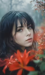 a woman with long hair standing in leaves
