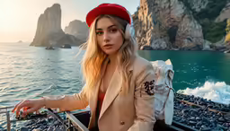 a woman sitting on a boat near the water