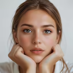a woman poses with her hands on her chin