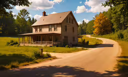 a big house is sitting by the road,an old farmhouse is shown in the country side