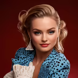 a young woman wearing gloves and a polka dot blouse