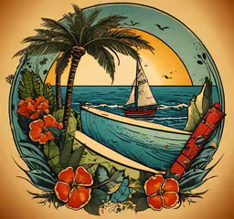 a painting of a boat sailing on a body of water,a drawing of the ocean with a boat and palm tree