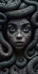 the woman has her head over a large group of snakes