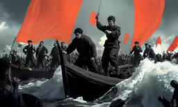 a painting of men with orange flags on a ship