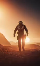a man in space suits walking away from the sun