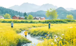 three people with two kids on a grassy field
