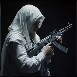 woman in hijab holding an ak47 rifle