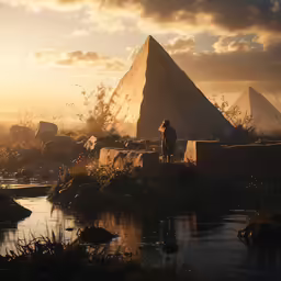 a man in the middle of a mountain near a body of water