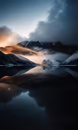 a dark lake with mountains in the background