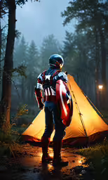 a man with a helmet, shield and boots stands in front of an american flag tent at night,a captain america costume on display in the woods