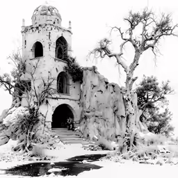 an old church is surrounded by barren trees