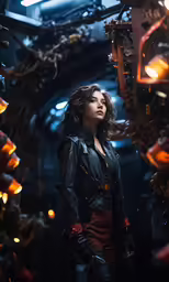 an attractive woman in black leather outfit posing