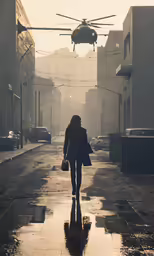 woman walking down the street in front of a helicopter with a camera attached to it