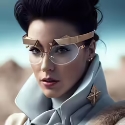 a woman with glasses has gold studded eyes and is wearing a scarf and scarp