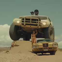 a large truck with some big tires and a woman under the hood