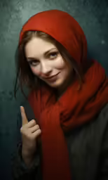 the young woman wearing a red scarf gives a thumbs up
