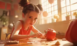 a little girl drinking out of a mug sitting at a table