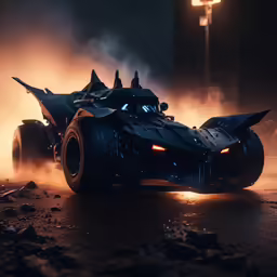 the batmobile is in the middle of an urban area with a neon light